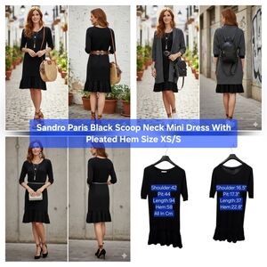 Sandro Paris Black Scoop Neck Mini Dress With Pleated Hem Size XS/S